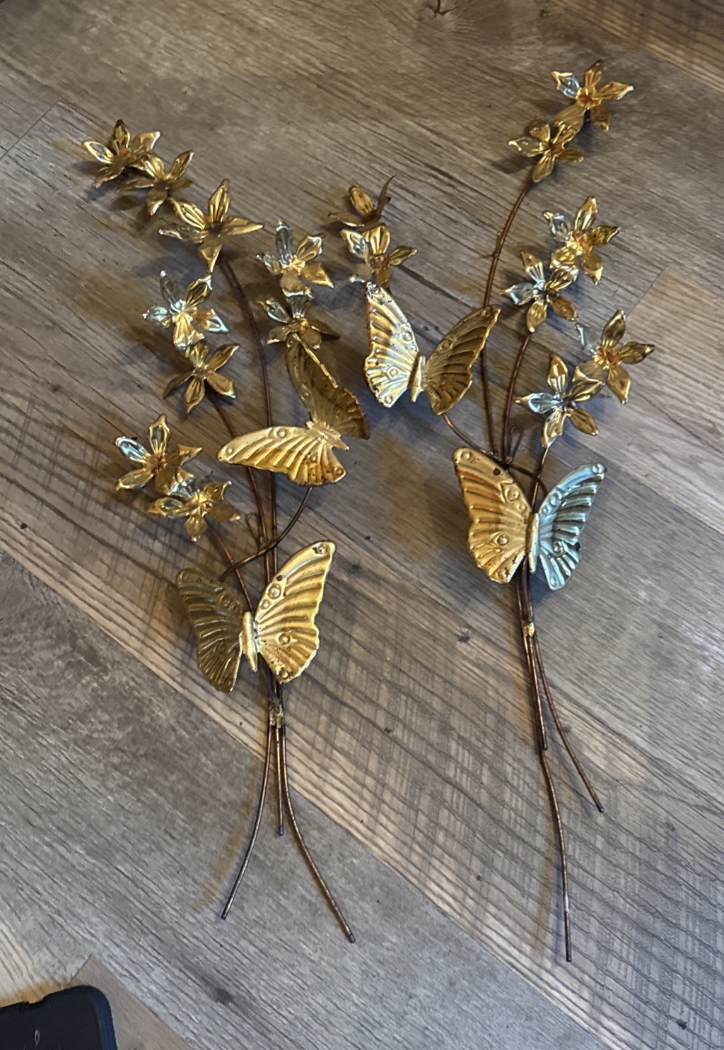 Vtg MCM Metal Butterflies Flowers Hanging Set of 2 Wall Decoration 25