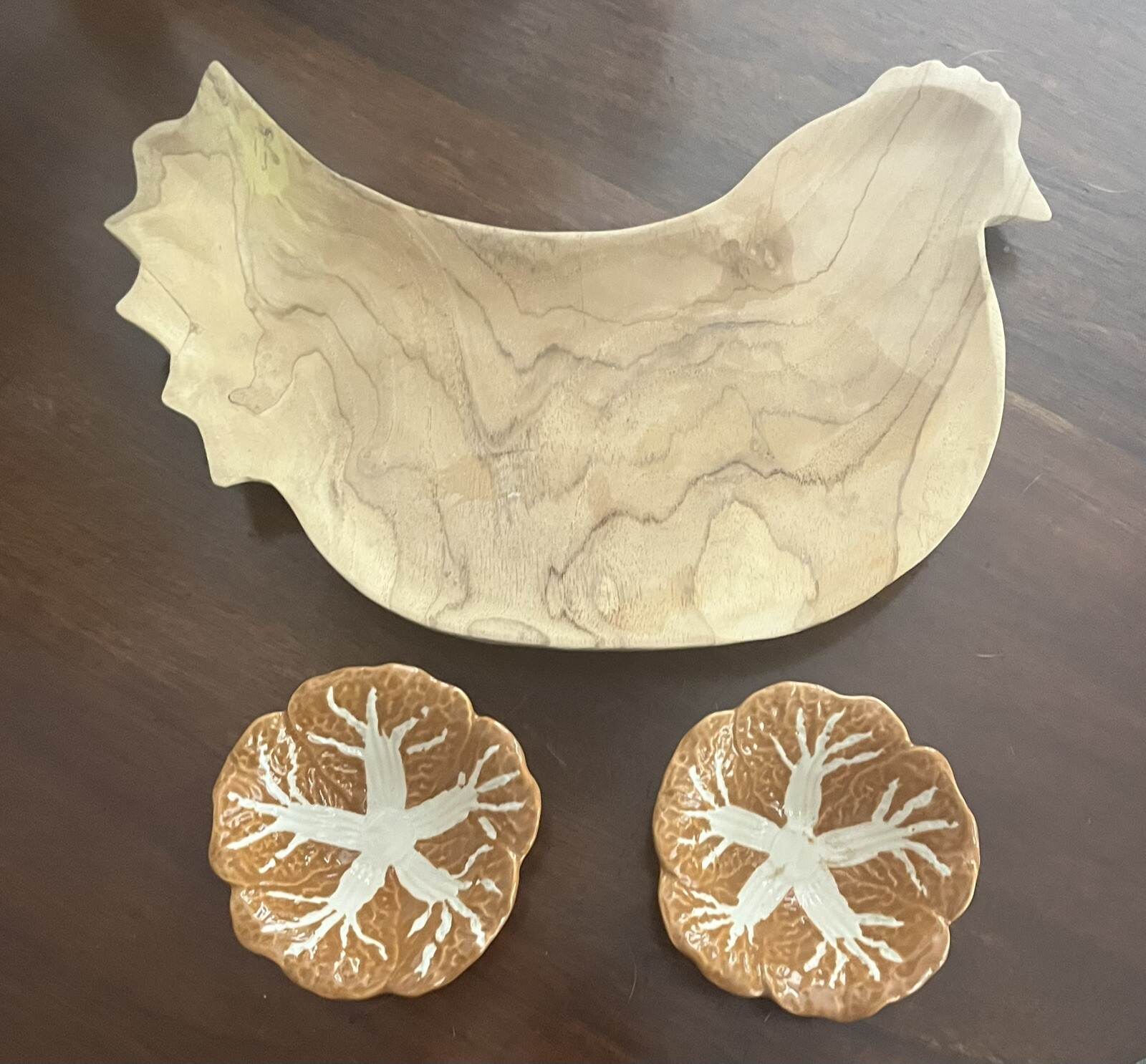 Vtg Polish Folk Art Birch Wood Charcuterie Serving Board-2 Pottery Bowls-Poland