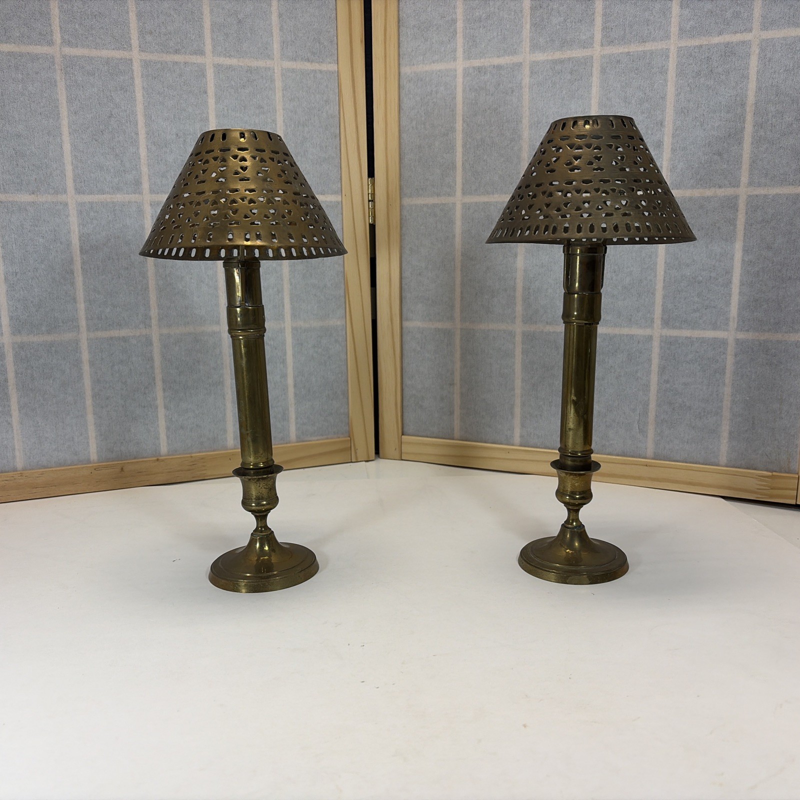 Vintage Pair Spring Loaded Brass Candlestick Holders Palmer Style Matching Shade