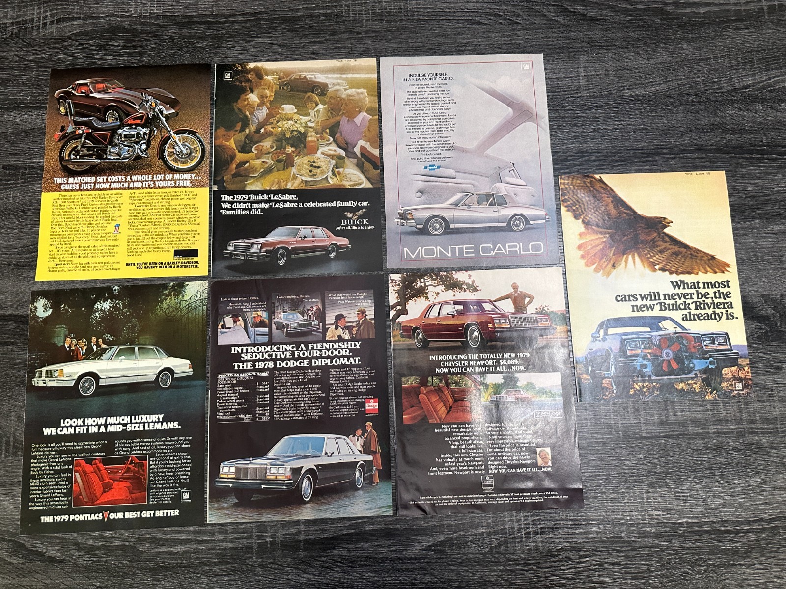 Lot of 7 Vintage Car Magazine Print Ads 1978 1979. Harley, Buick, Chevy, Dodge