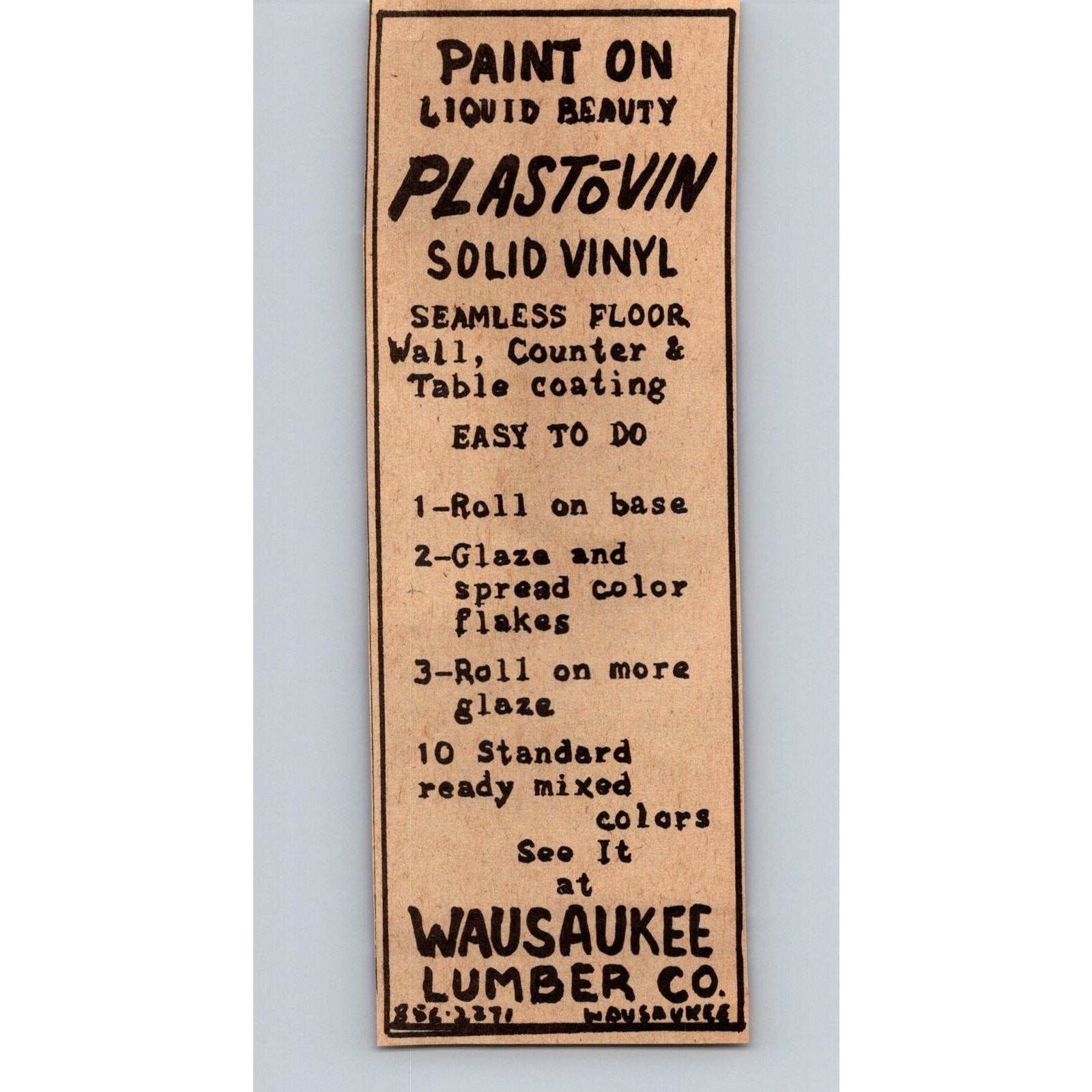 Wausaukee Lumber Co. Plast O Vin Solid Vinyl 1969 Peshtigo WI Clipping SAH3-M8