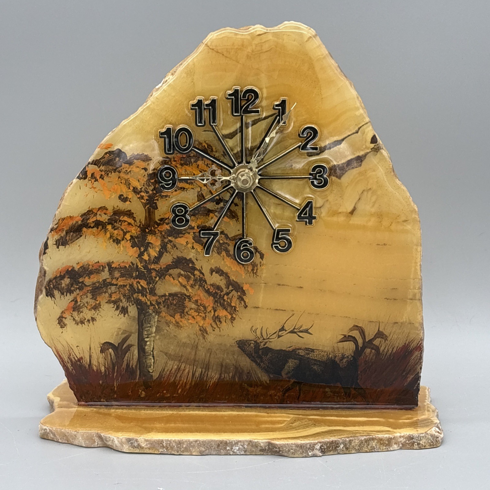 Vtg MCM Live Edge Onyx Stone Mantel Clock Hand Painted Elk Wildlife SKP Japan