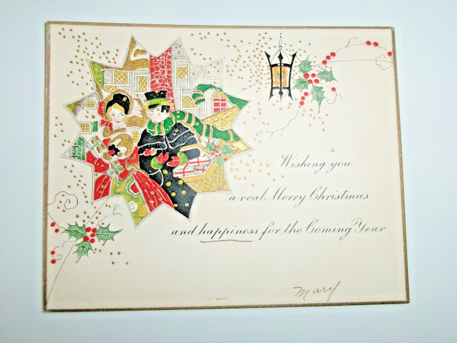 Vtg Christmas Card ART DECO Couple Gifts inside of BUSY DESIGN 1920\'s 30s