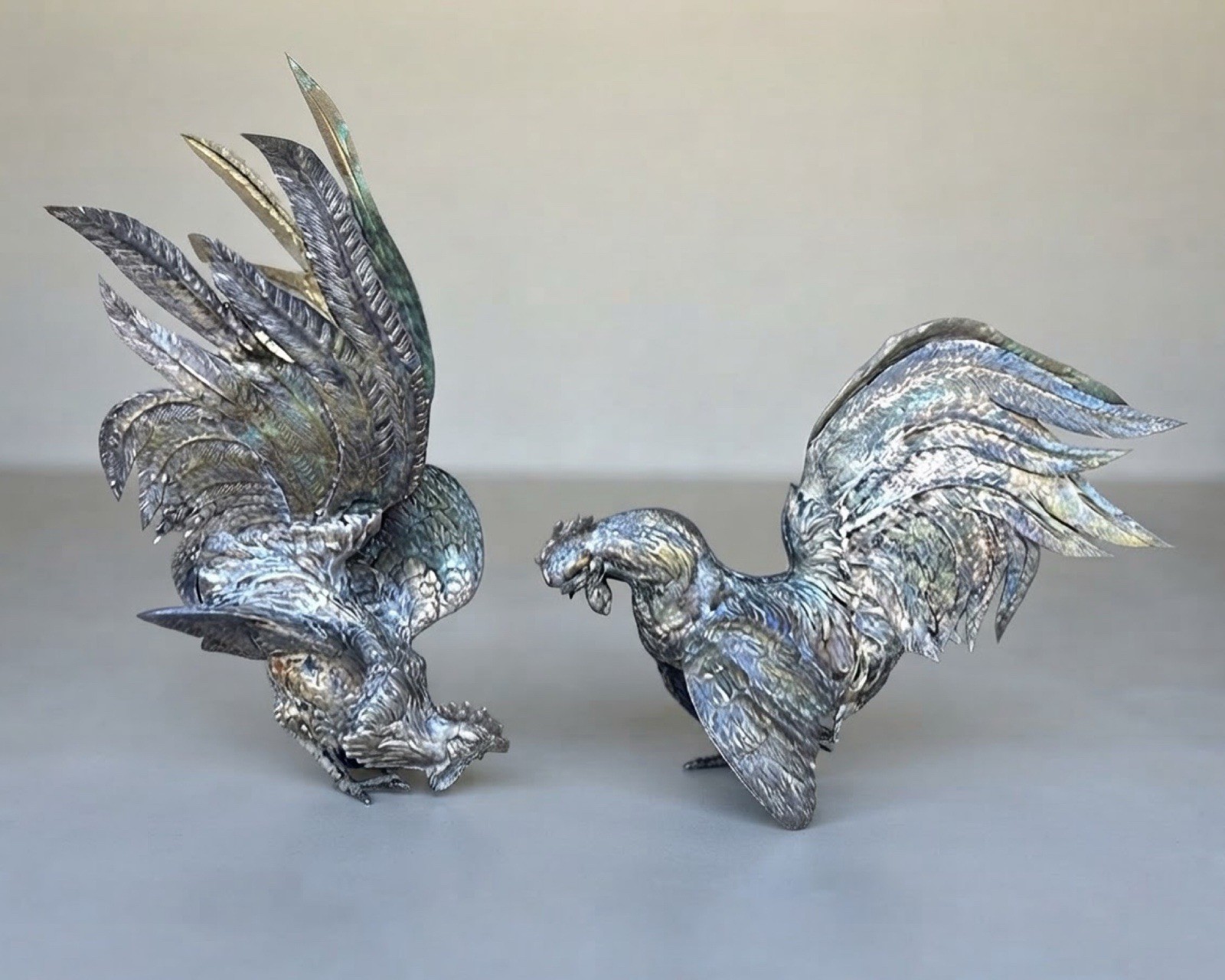 Vintage Italian Brass Fighting Roosters Pair 12” Detailed Chicken Bird Figurines