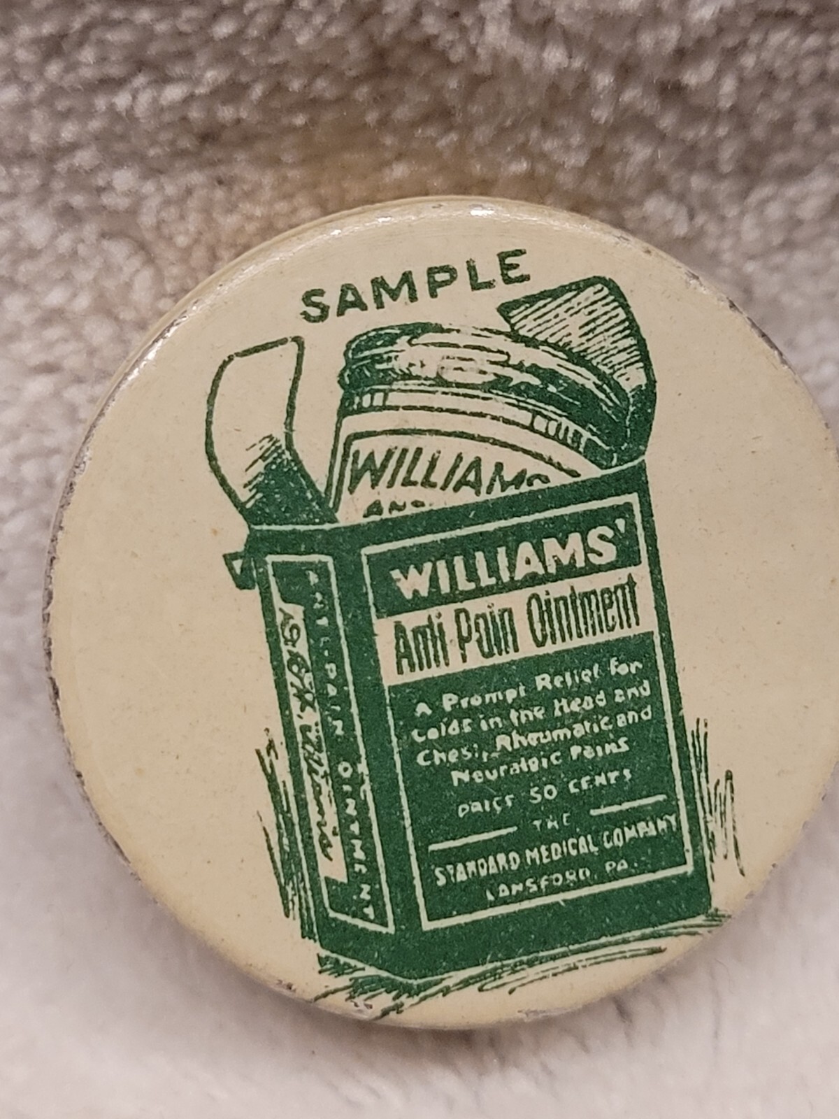 EMPTY WILLIAMS\' ANTI PAIN OINTMENT STANDARD MEDICAL CO.  SAMPLE TIN LANSFORD PA