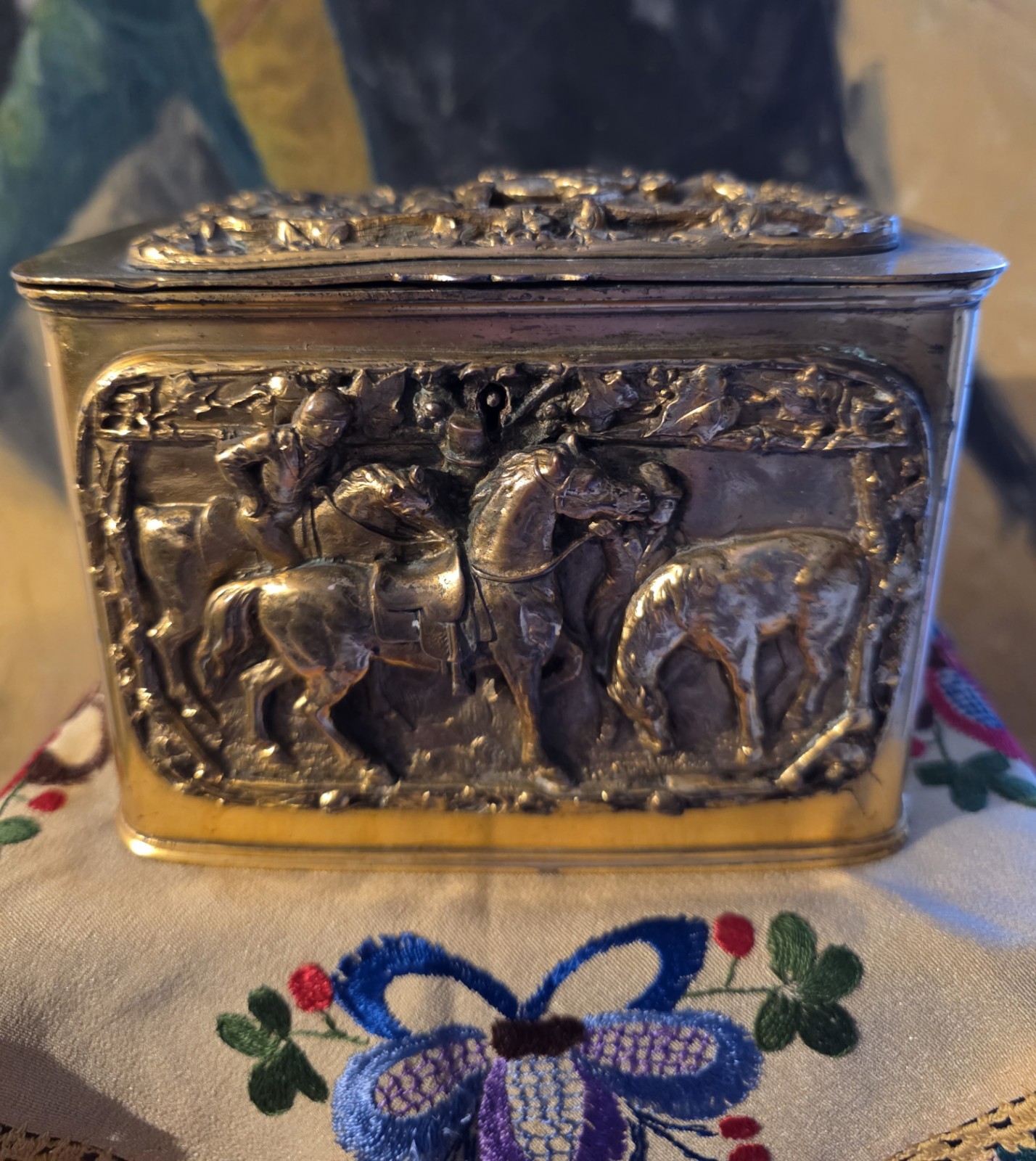 Antique Gilt Metal And Bronze Humidor W/ Two Thick Repousse Decoration Of Horses