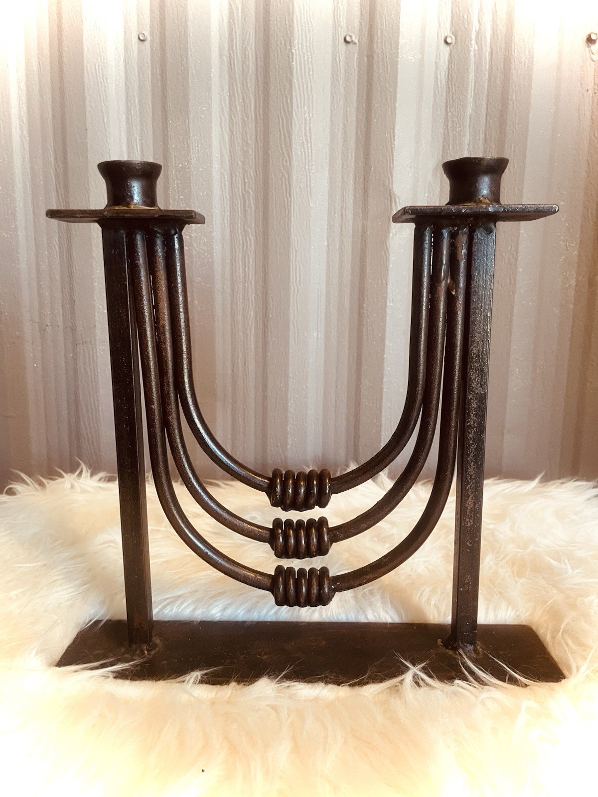VTG MCM Brutalist Iron Metal Candlestick Taper Holder 2-Arm Candelabra Patina