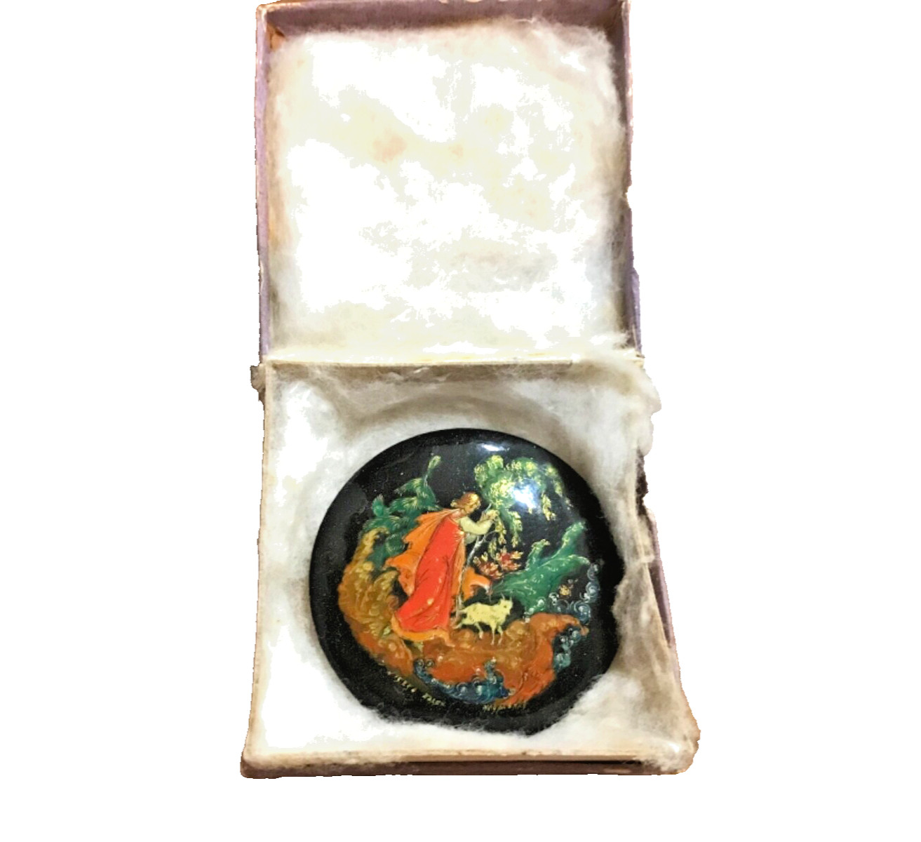 1960’s RARE PALEKH #15254 Zhuravlev ICONOGRAPHY LACQUER 22K GOLD RUSSIAN BROOCH