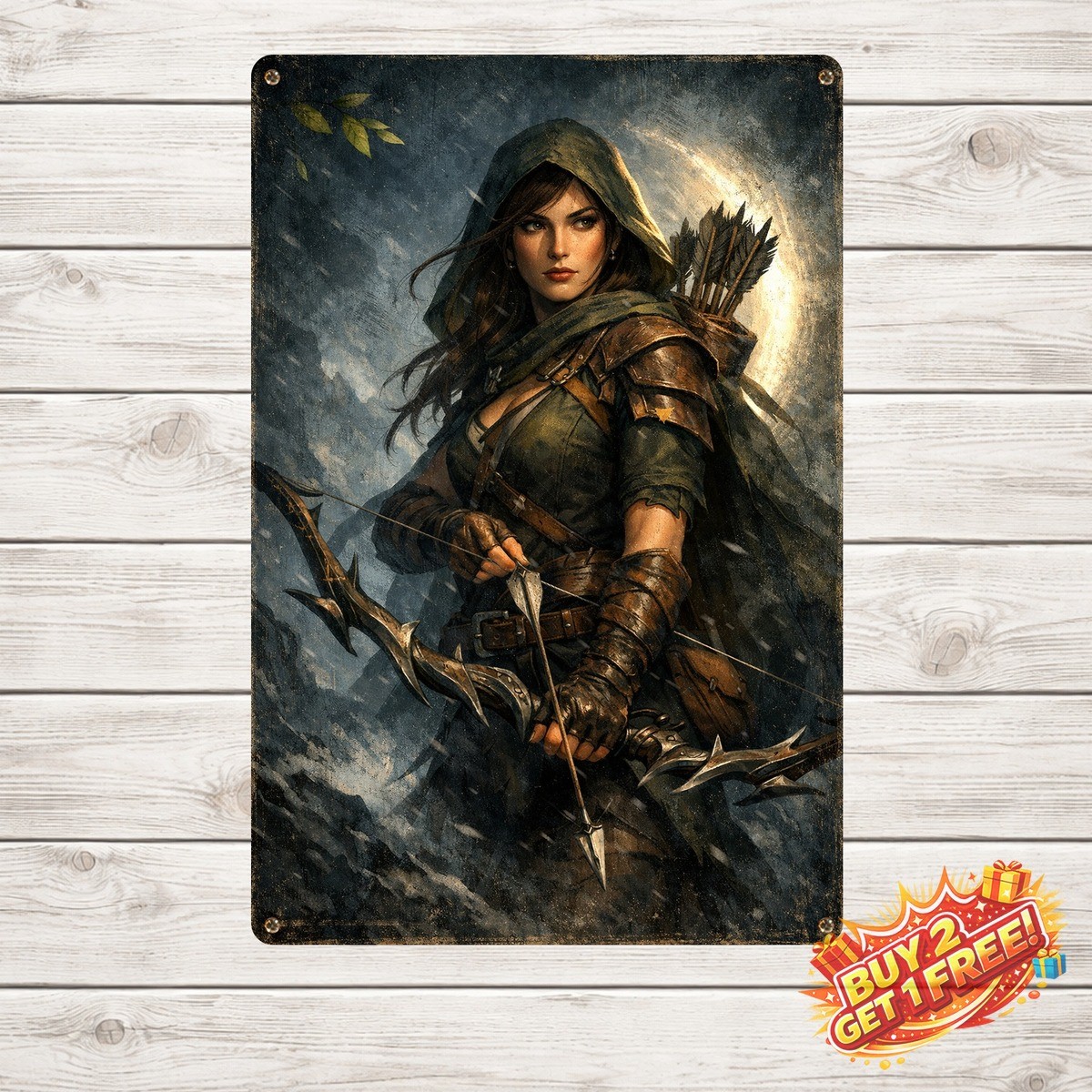 Female Archer With Long Bow Metal Tin Sign Home Decor 8x12