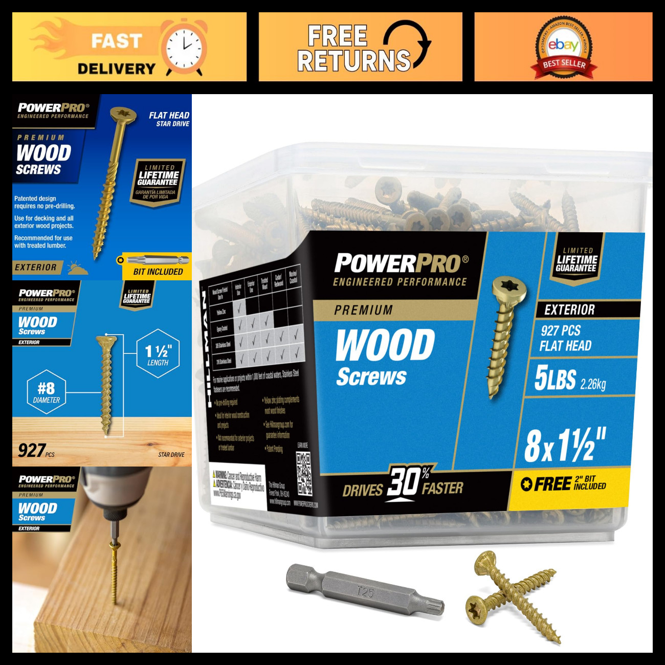 Power Pro Exterior Wood Screws, #8 x 1-1/2in, 927 Pack, Bronze