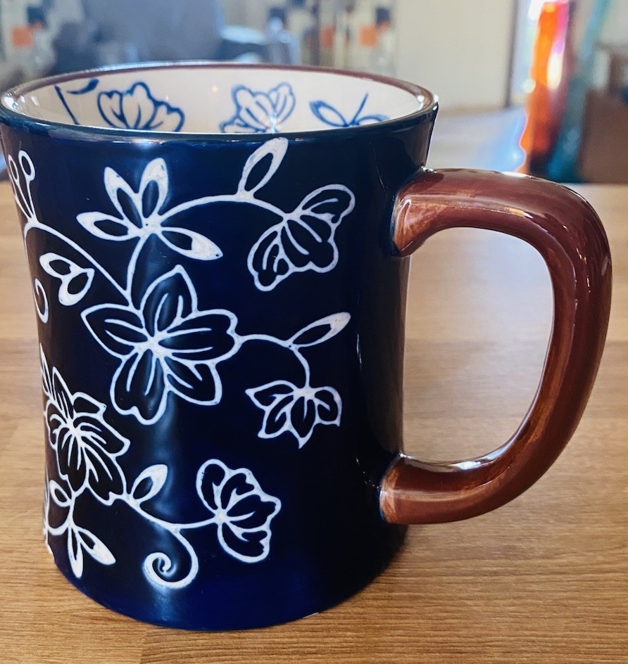 Temptations Cobalt Blue Floral Laced Coffee Mug Old World 16 oz
