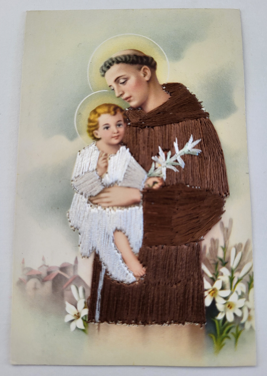 VTG 60s SILK-EMBROIDERED PC ST ANTHONY CHILD JESUS ROMARLI ZARAGOZA SPAIN FINE *