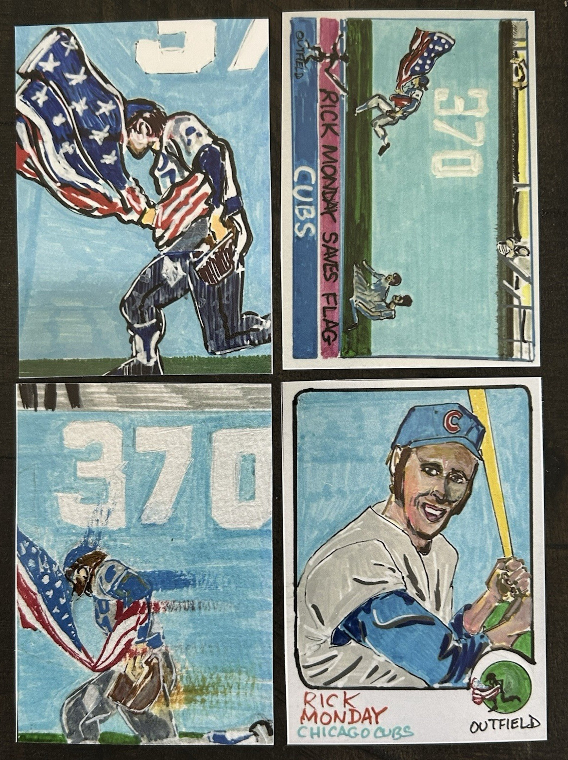 ACEO Sketch Trading Print Card ‘76 Rick Monday Saves The USA Flag Cubs 4 Lot Art
