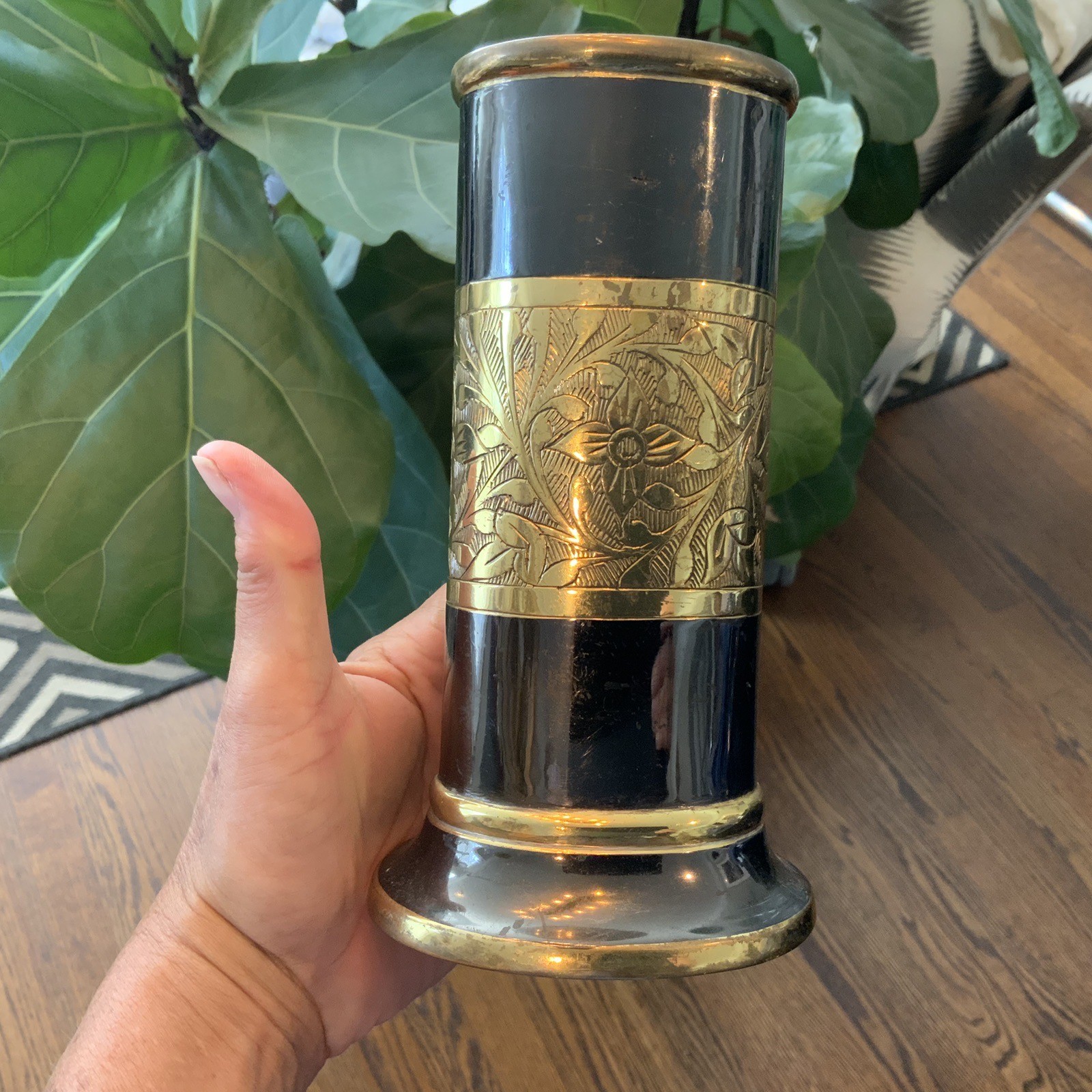 Vintage Nakshi Brass Oval Flower Vase Gold Black Etched Floral 7”