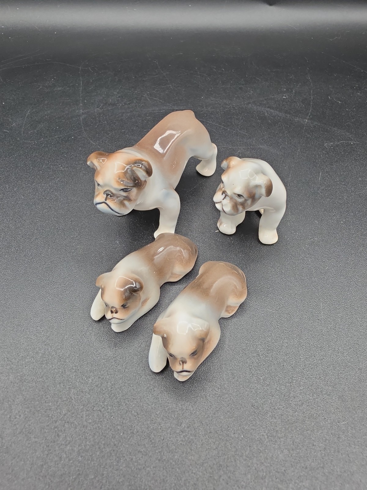 Vintage Miniature SS Bone China Bull Dog Family Japan Mid Century Set Of 4