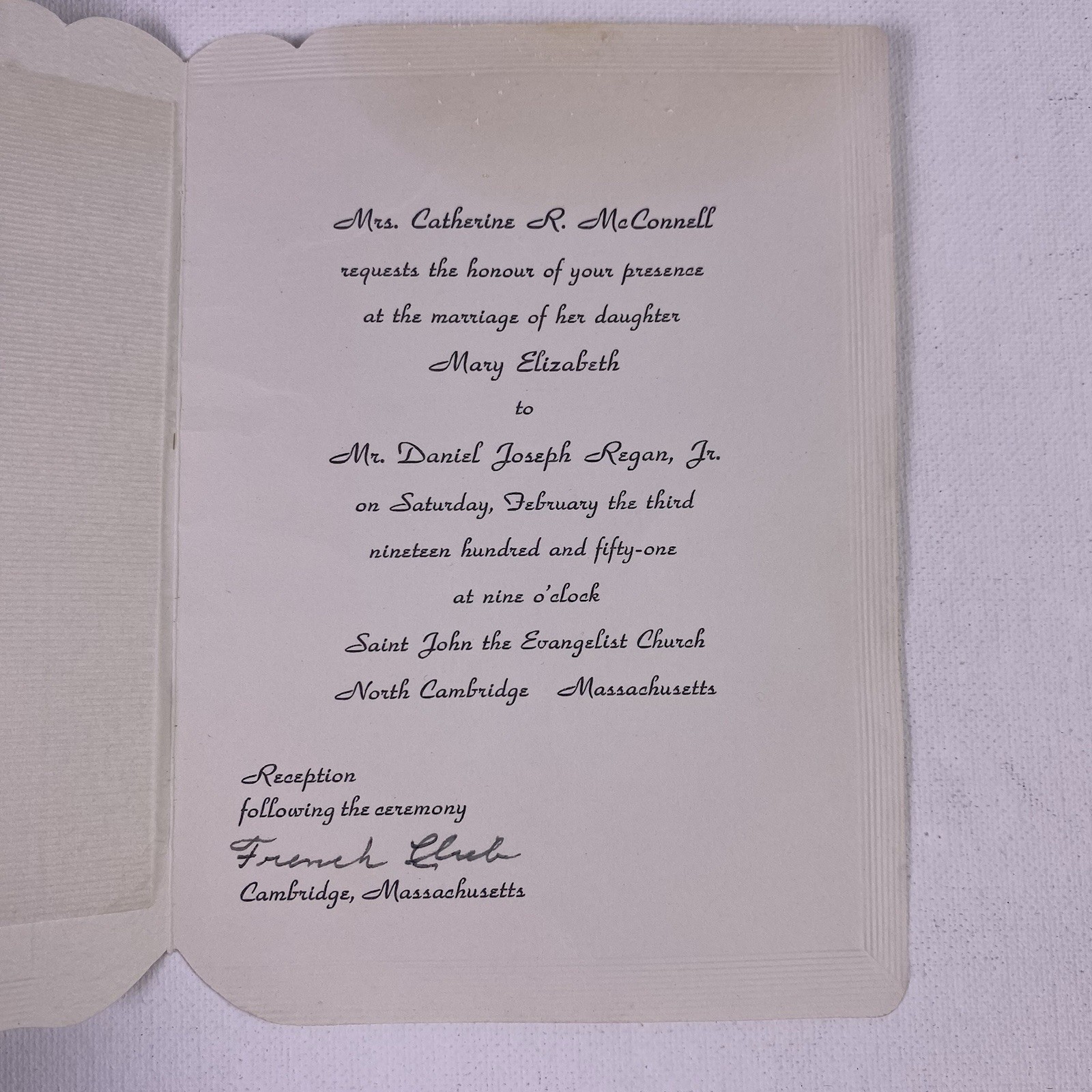 Vintage Wedding Invitation Catherine McConnell Daniel Joseph Regan Jr 1951 MA