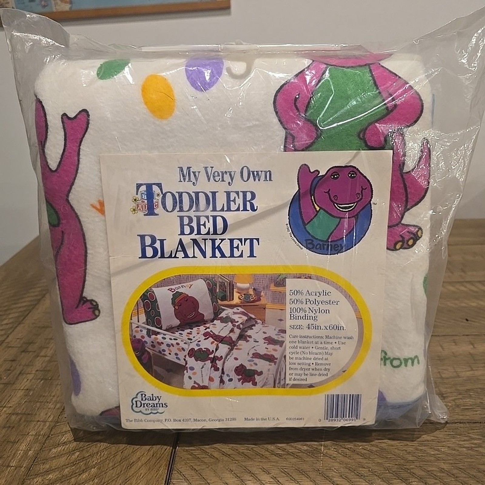 Vintage Barney 90s Blanket with Blue Satin Trim  1992 45\