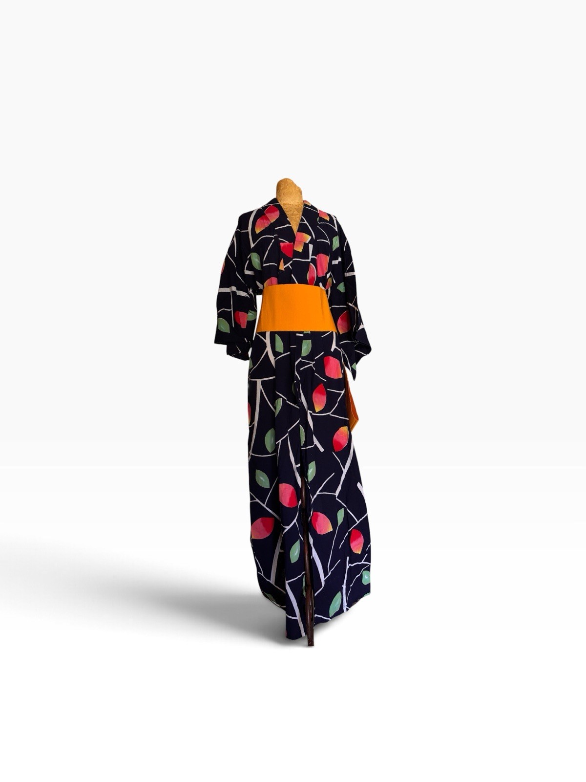 Vintage Cotton Japanese Kimono  Robe Abstract Modernist Botanical Print w/ Obi
