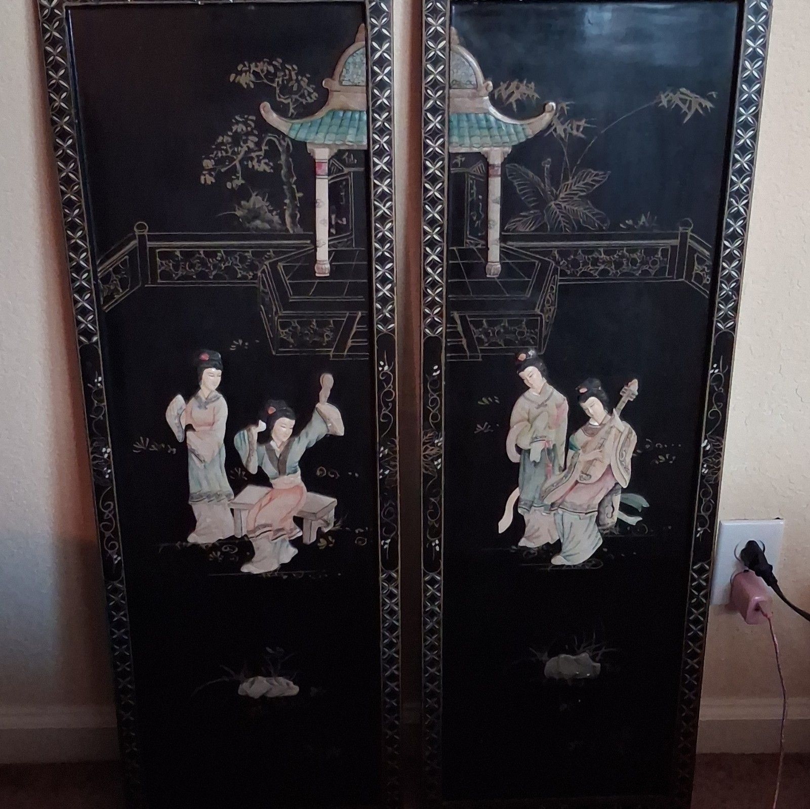 Vintage Chinese Lacquer Mother of Pearl Soapstone Wall Panels Set of 2