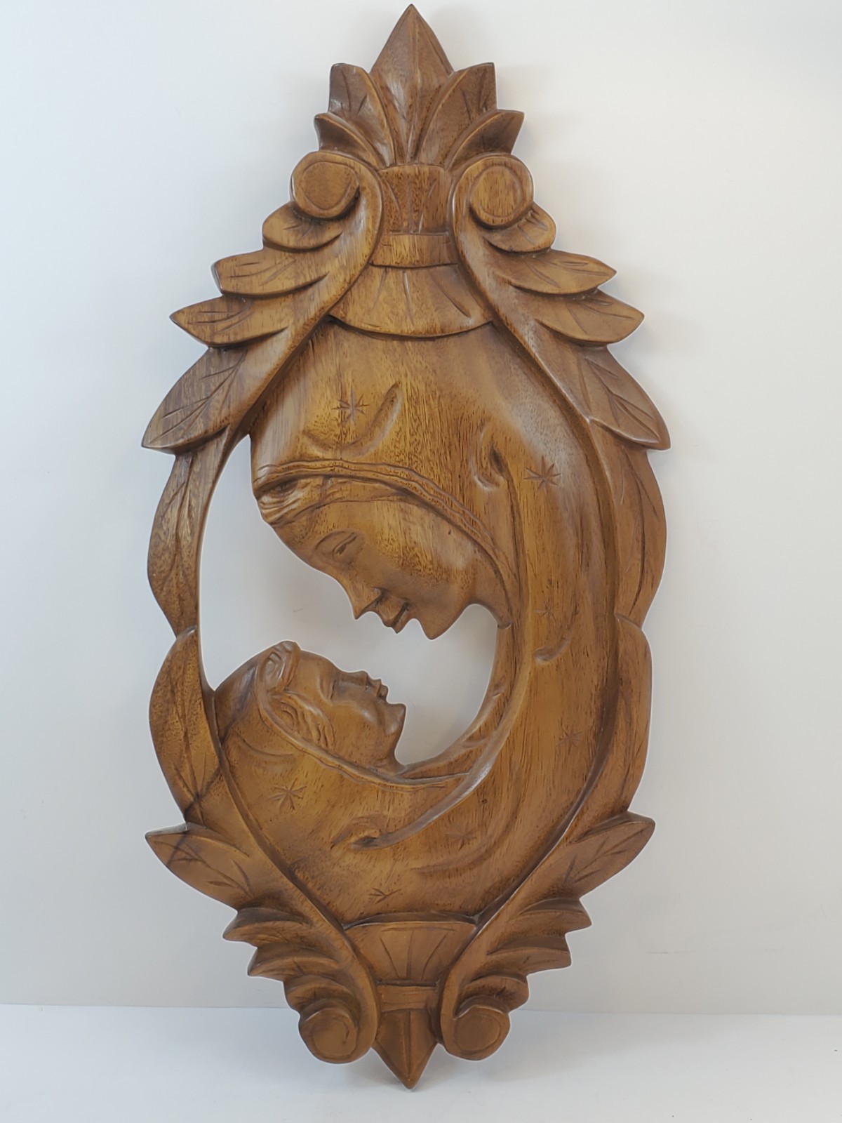 Vintage Hand Carved Madonna Virgin Mary & Jesus Child Wood Carving Wall Hanging 