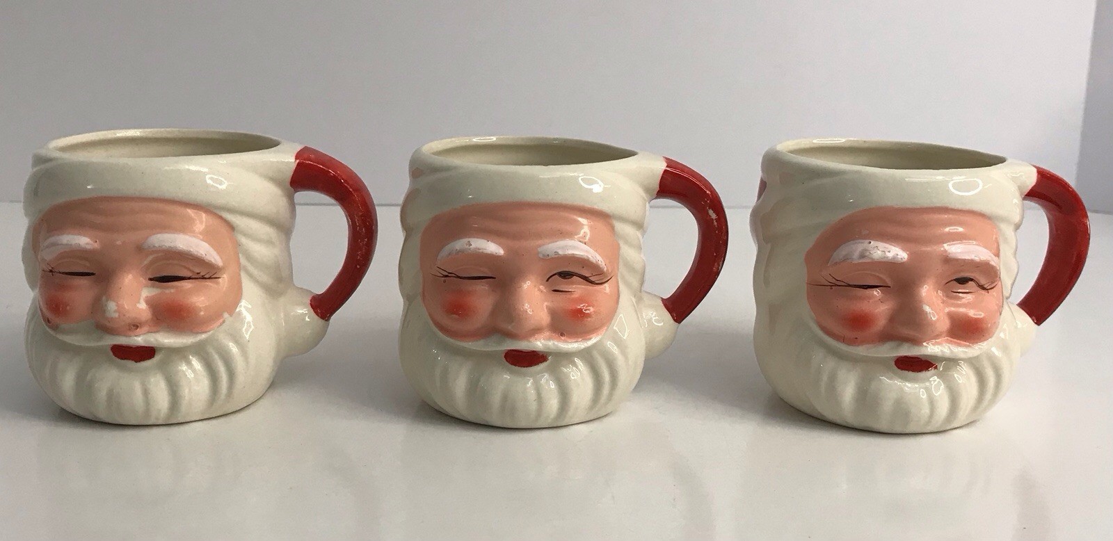 Vintage Winking Santa Christmas Mug Japan Hand Painted 2.75” MCM Lot of 3