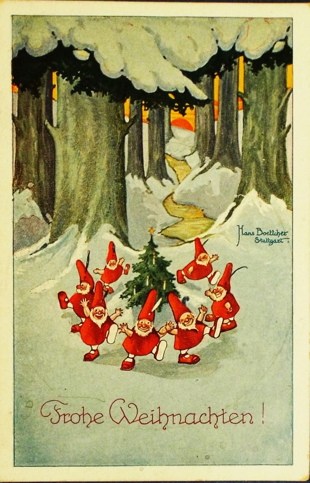 SUPERB FANTASY 1918 Signed Boettcher Santa Elf Helpers Christmas Germany