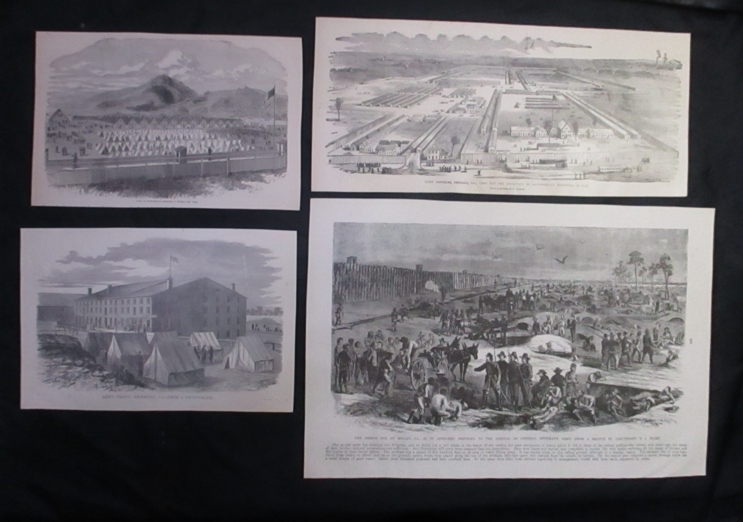 4 1885 Civil War Prints - Prisons, Millen, GA, Elmira, NY, Chicago, Libby, VA