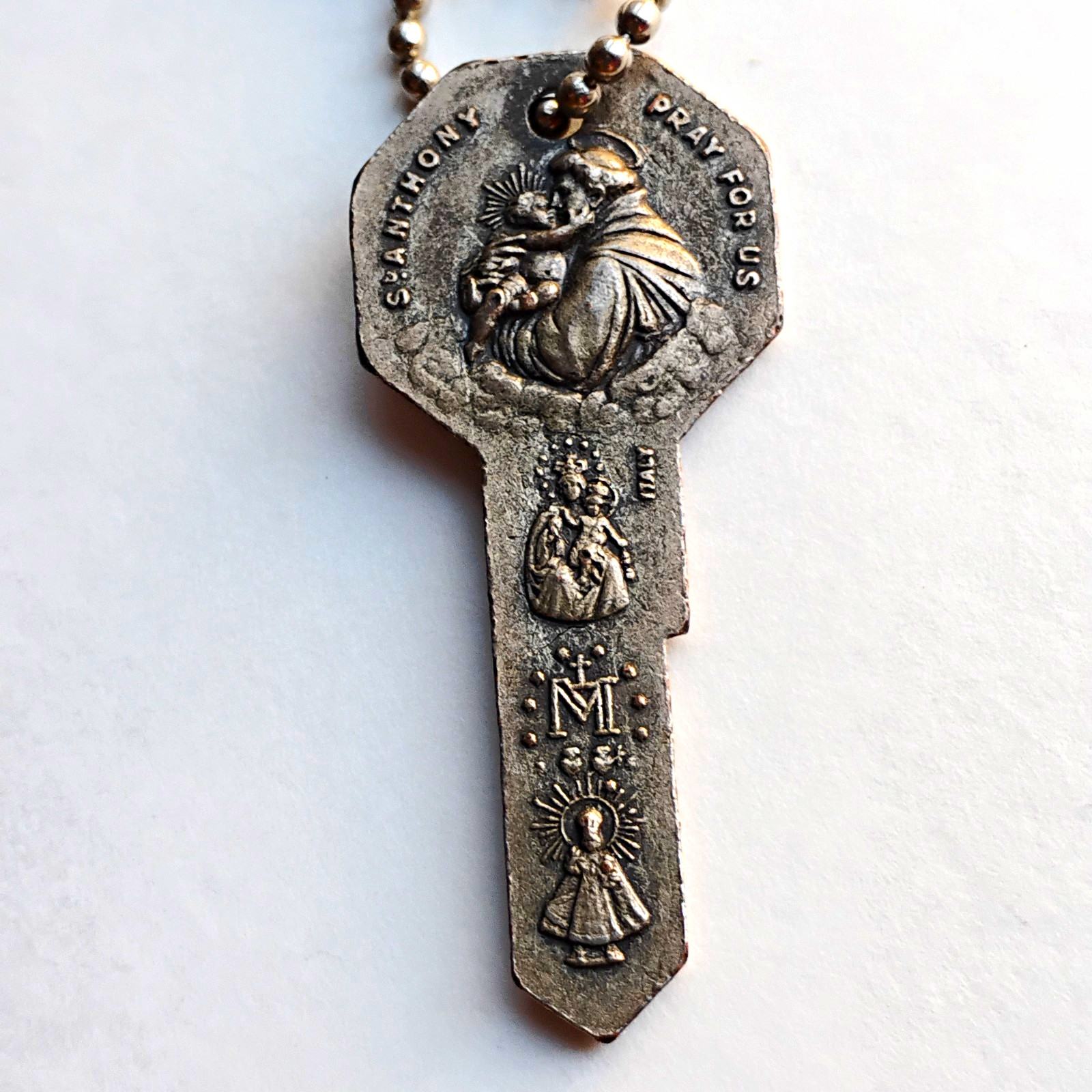 Vintage St. Anthony Key Medal Pendant Necklace, Christian Catholic “Pray For Us”