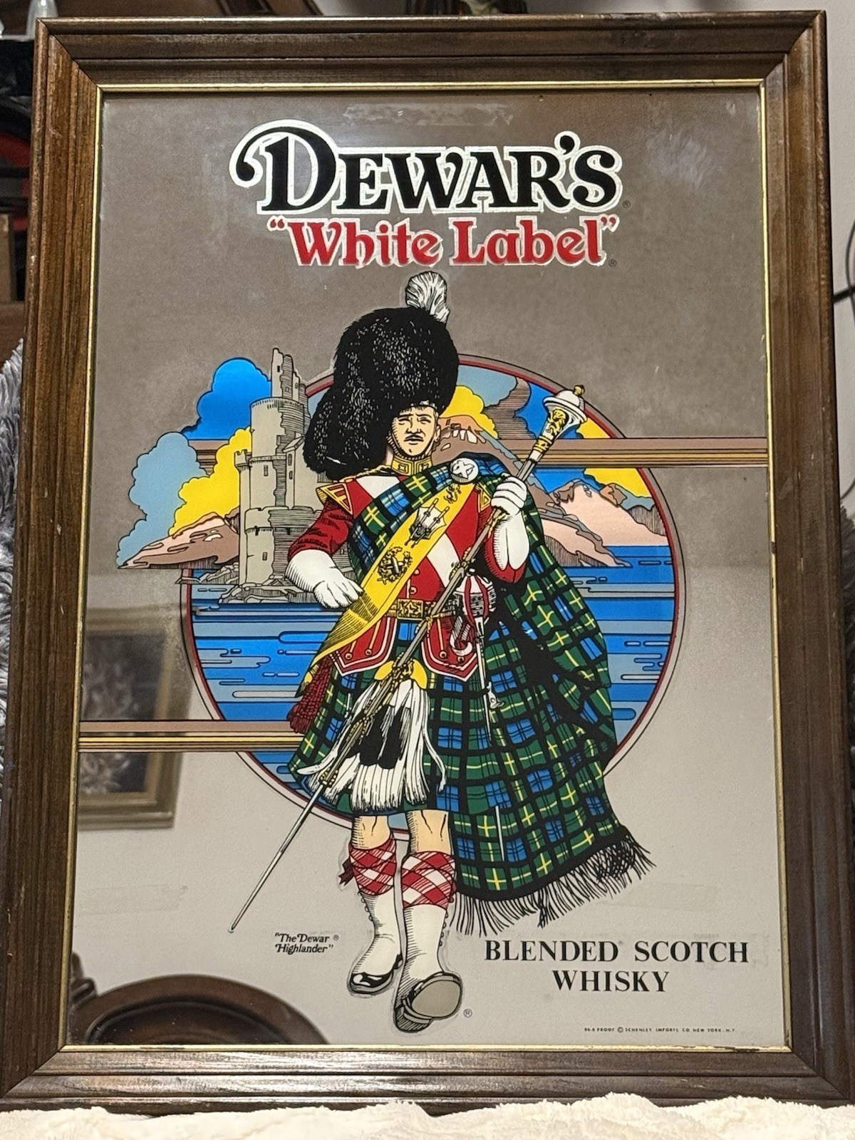 Vintage Original Advertising Dewars White Label Whisky Mirror Bar Pub Sign