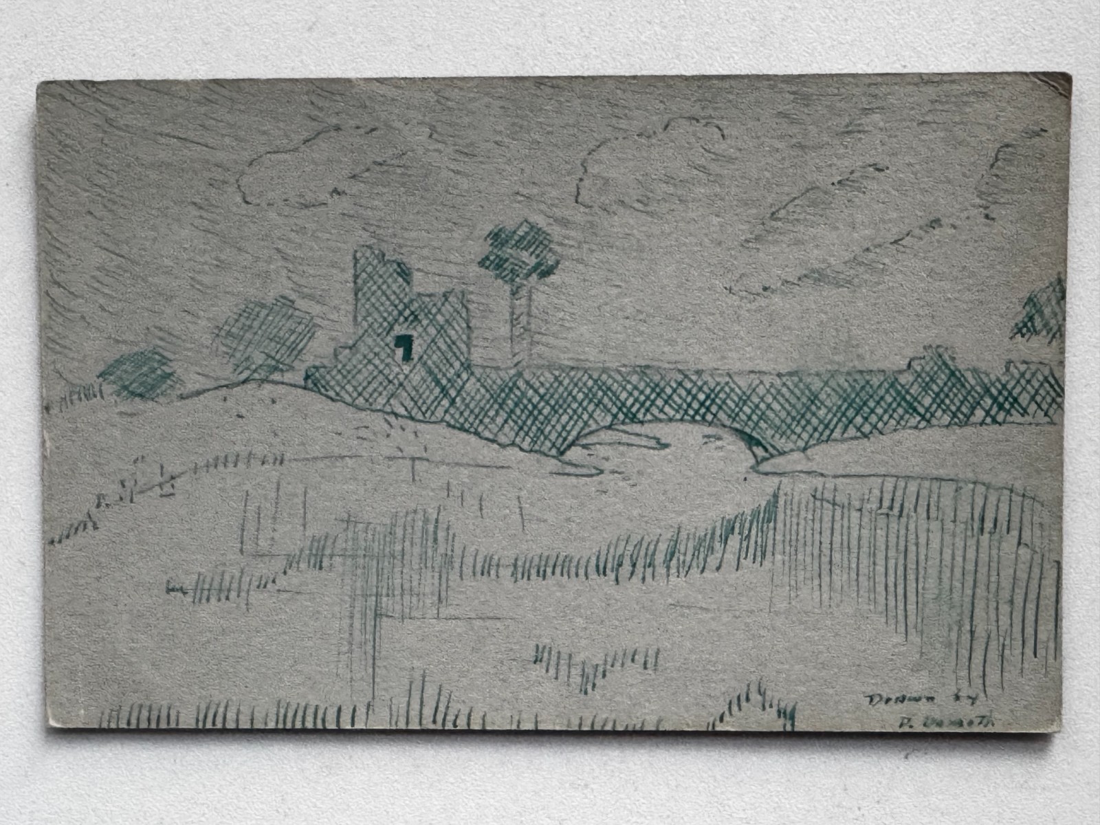 Vintage 1943 Hand Drawn Line Art Drawing Postcard Long Island New York OOAK