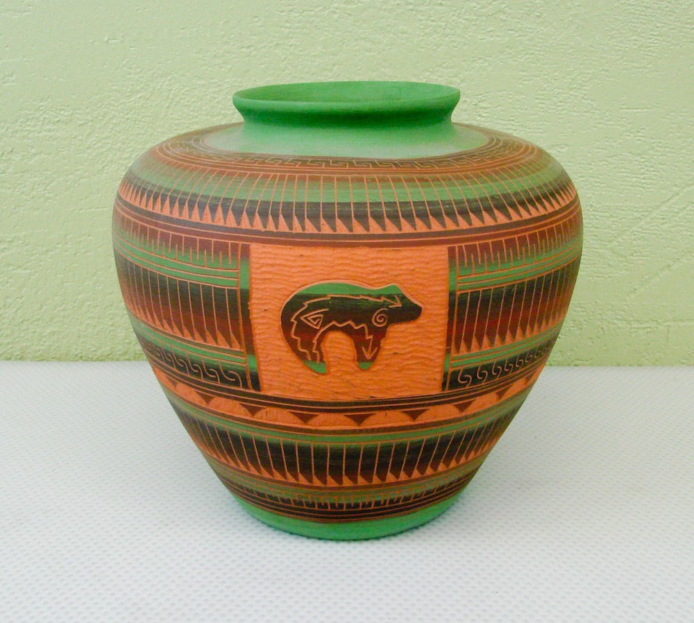 Unique Etched Signed Clay Vase Pot Bear Fetish Design