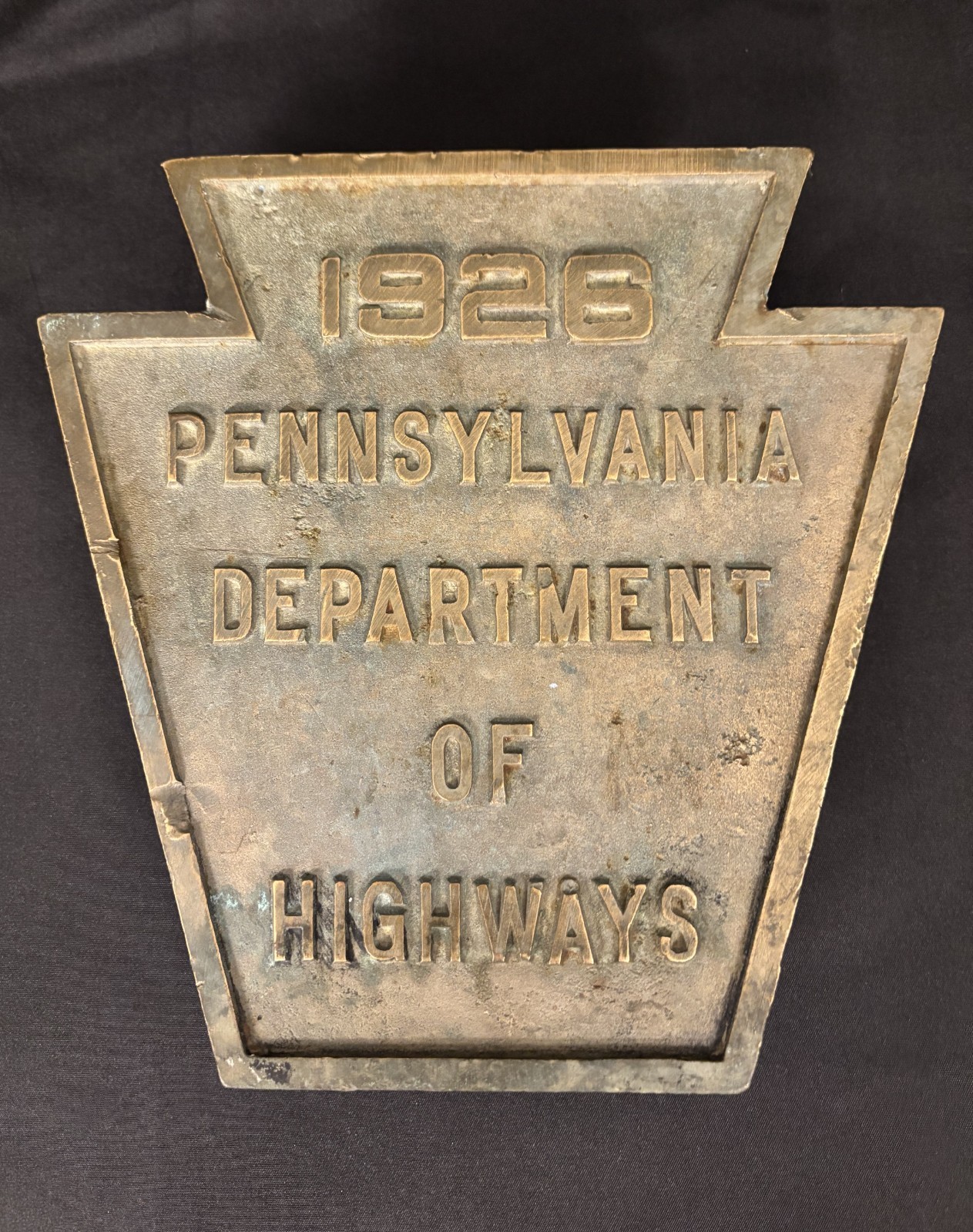 1926 Pennsylvania Dept. of Highways Brass Bridge Plaque - Keystone Shape
