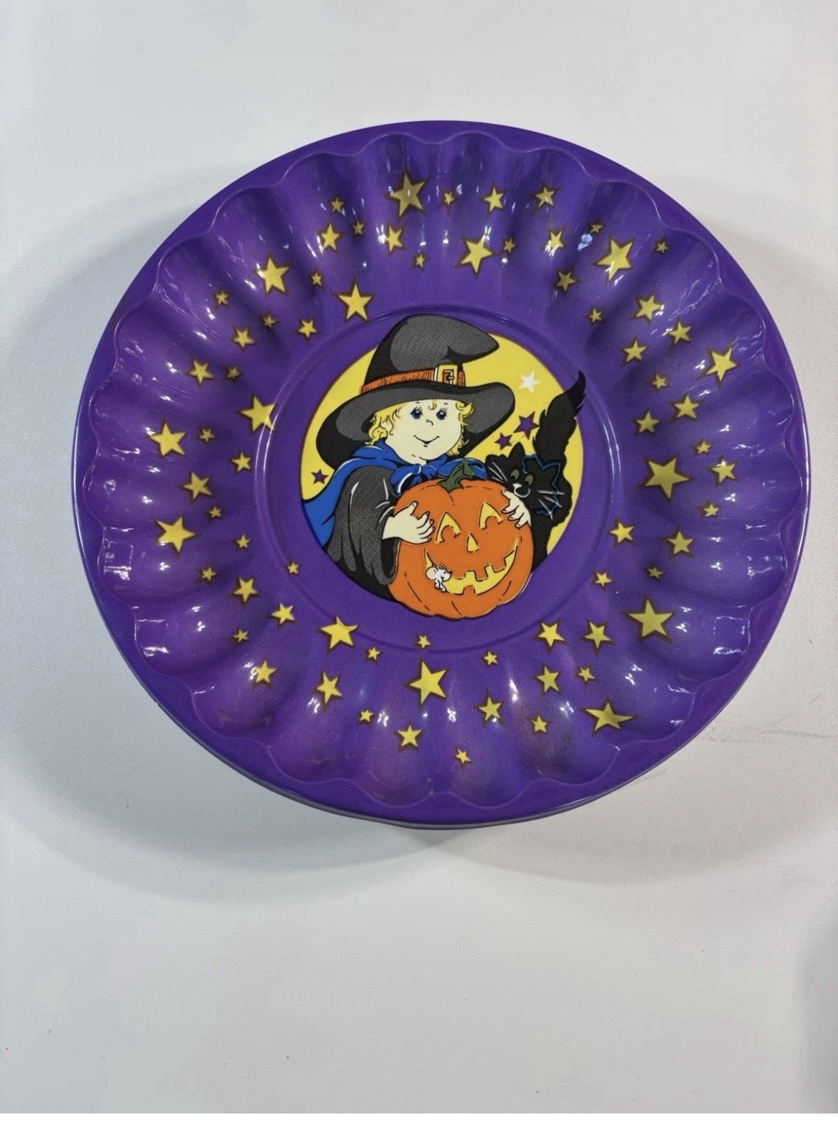 Vintage Berman Halloween Candy Bowl Treat Dish Plastic Witch Cat Jack-o-Lantern
