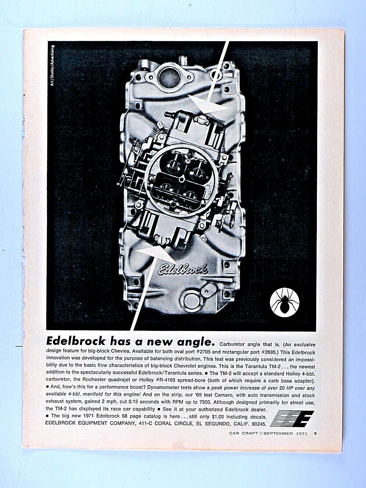 1971 Edelbrock 4 Barrel Carburetor Big Bock Chevy Vintage Original Print Ad