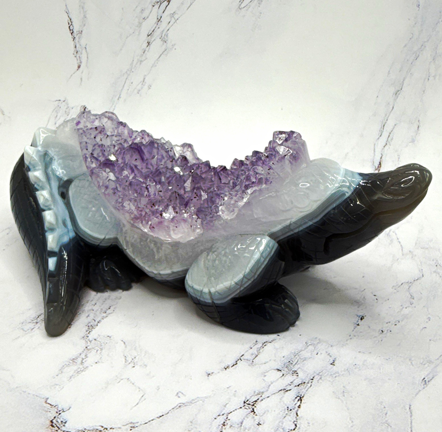 Blue Agate Crocodile with Purple Amethyst Inclusion