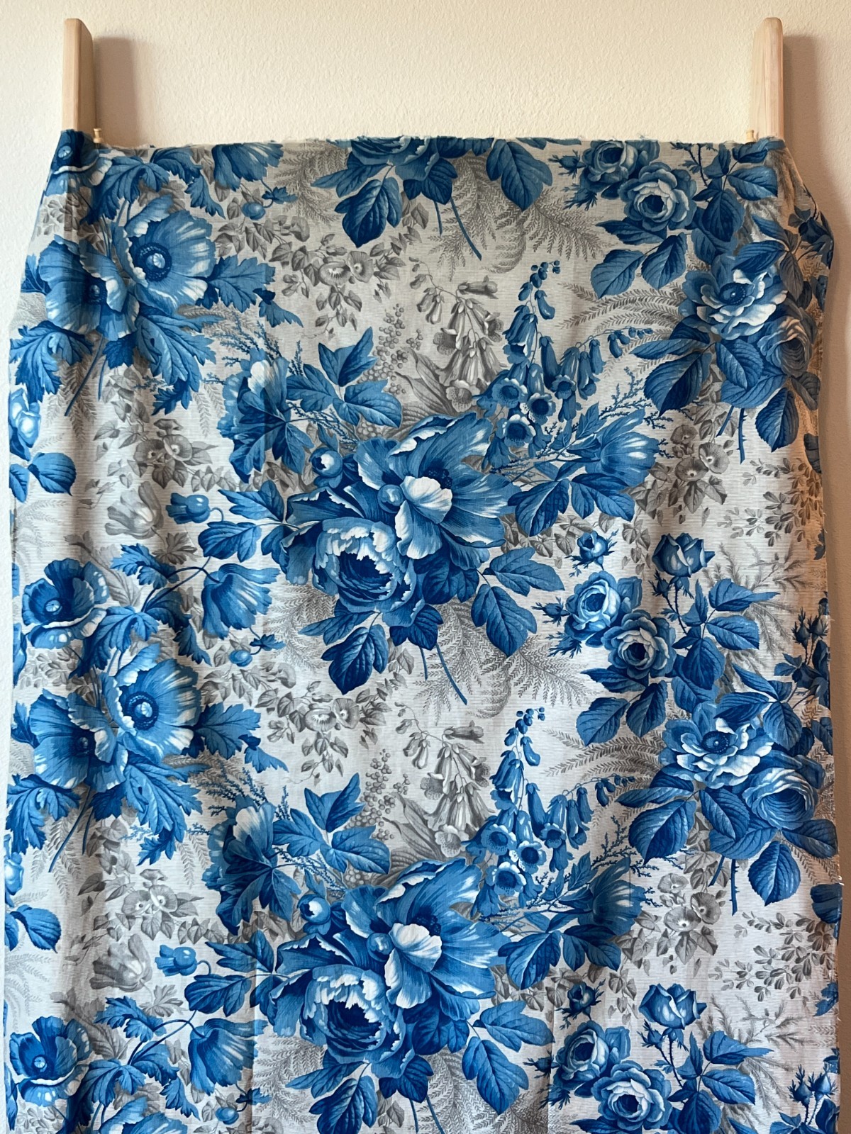 Antique French Fabric Prussian Blue Grey  Floral Cotton Large Scale Roses Flower