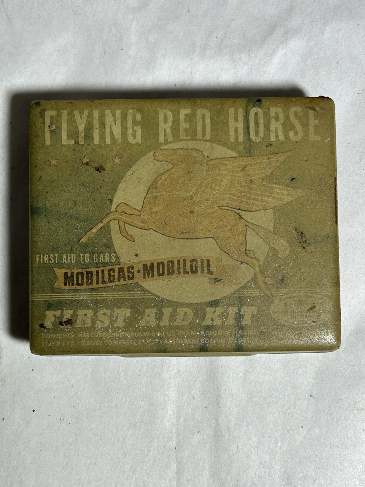 Vintage 1930's Mobil Oil Flying Red Horse Tin First Aid Kit Mobilgas Mobiloil