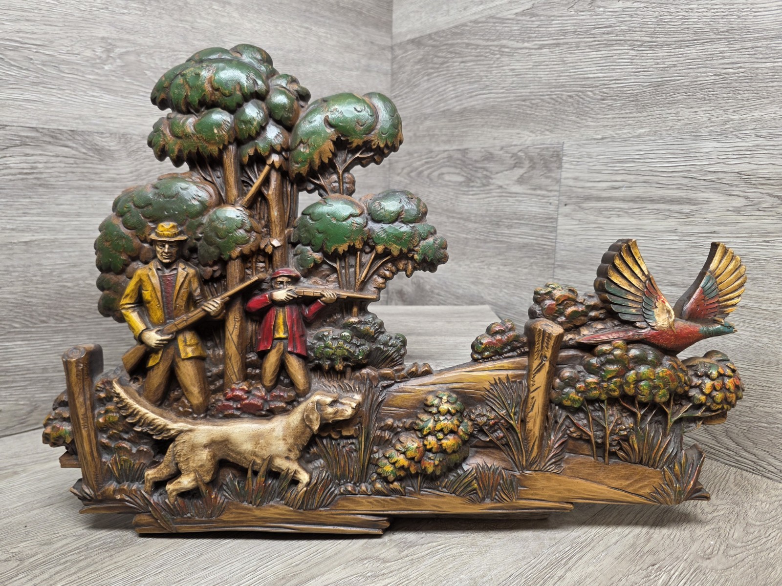 Vtg Mid-Century Syroco Wall Art - Pheasant Bird Hunting Scene Decor W/Dog Cabin