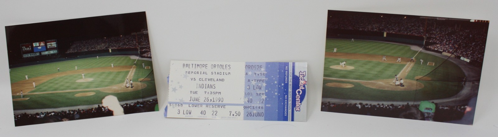 1990 Baltimore Orioles vs Cleveland Indians Ticket Stubs& Game Photos Memorial