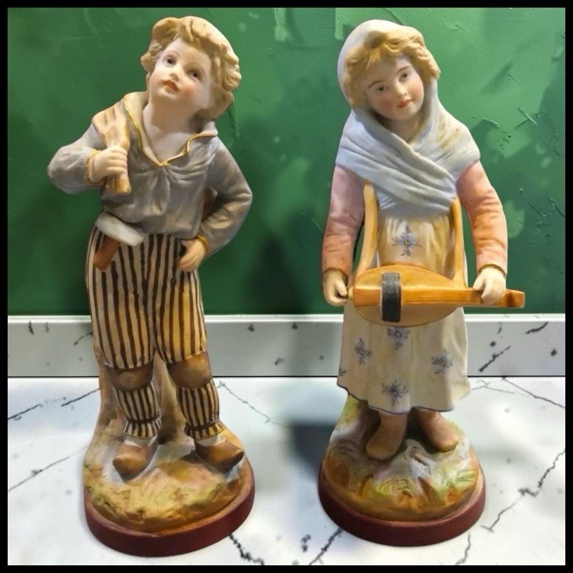 Antique Mauger & Fils French Bisque Porcelain Figurines Pair Victorian Boy Girl