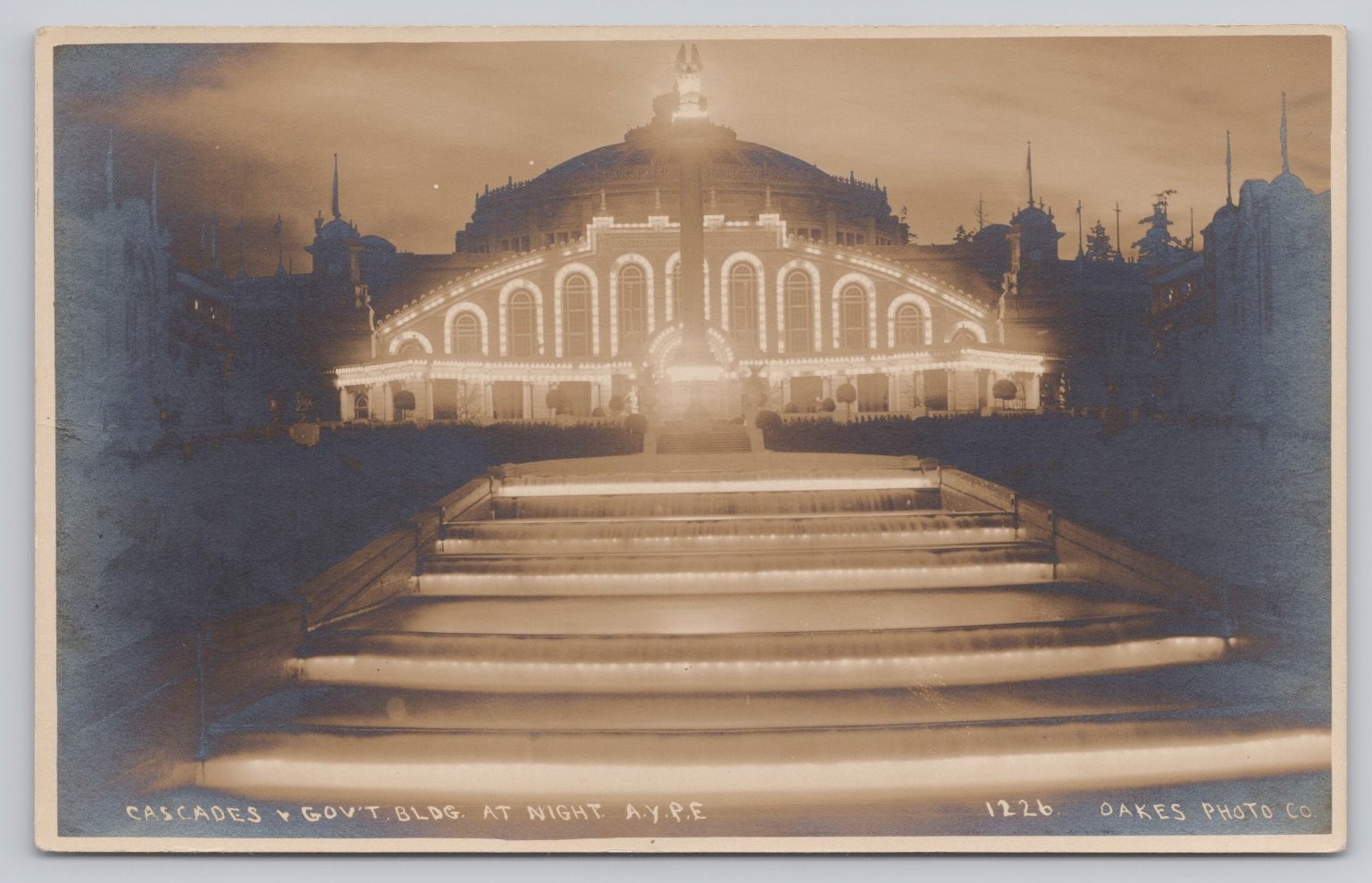 Vintage RPPC Cascades Government Building Night A.Y.P.E. Seattle WA