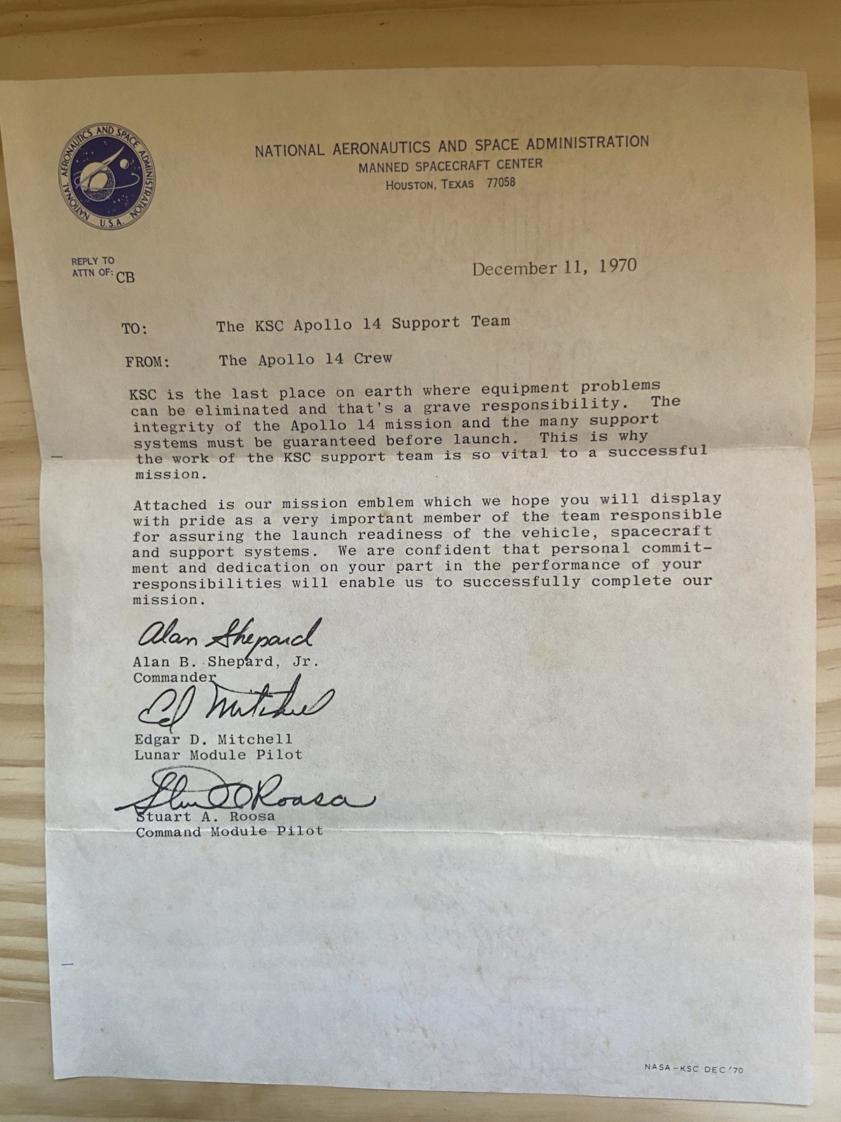 APOLLO 14 KSC SUPPORT TEAM MEMBER LETTER WITH ORIGINAL ISSUED ENVELOPES