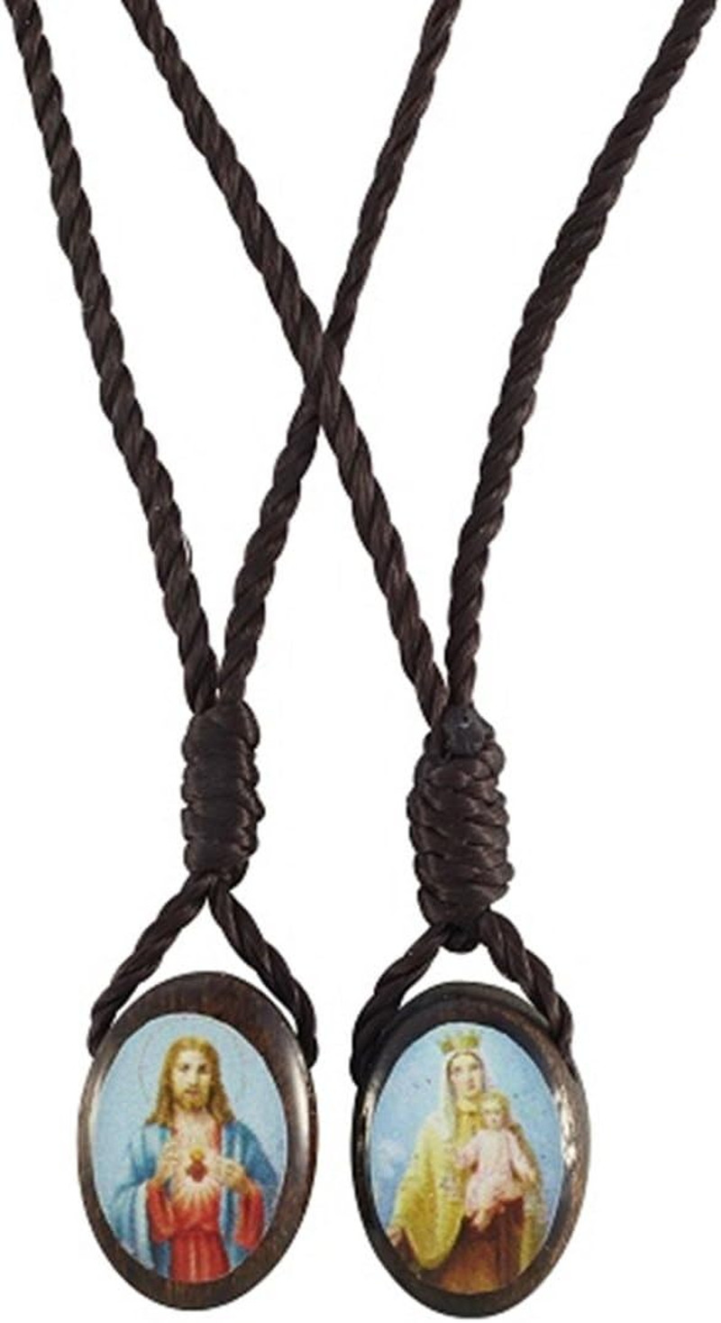 Sacred Heart of Jesus with Our Lady Mt Carmel Catholic Wood Scapular, 19 Inch