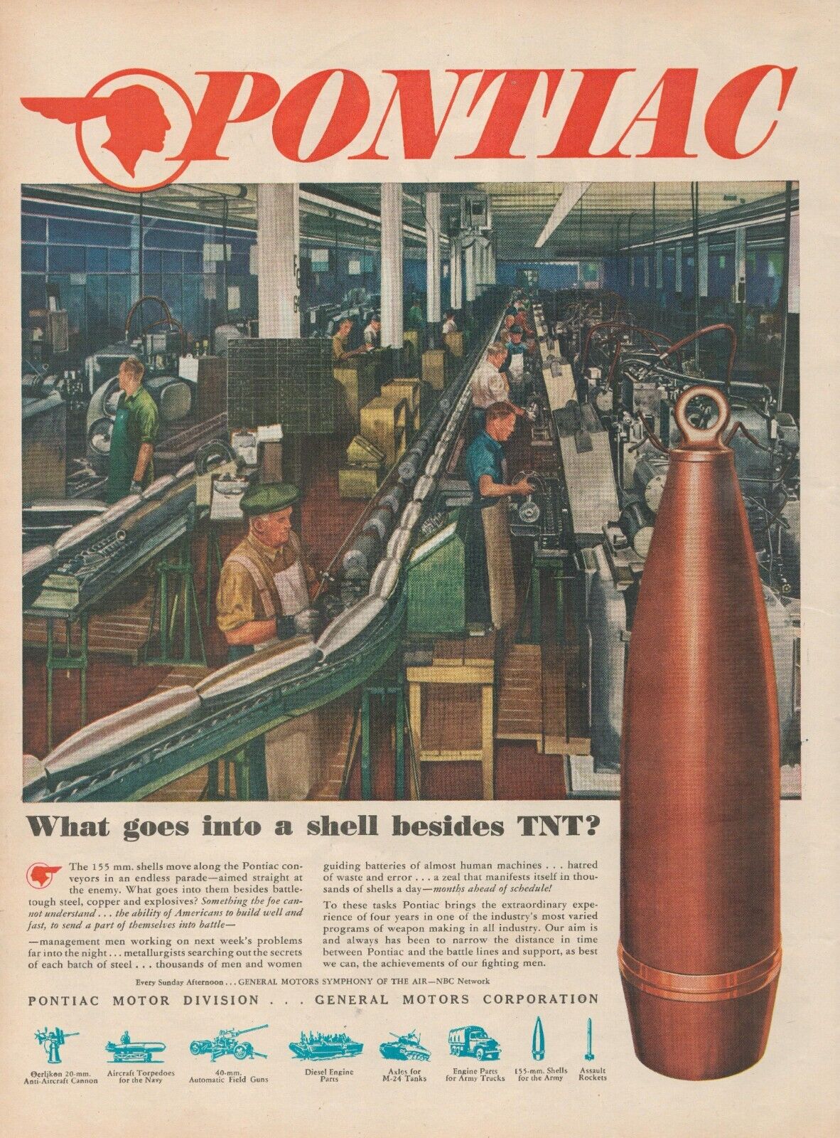 1945 Pontiac Automobile What Goes Into A 155 mm Shell Besides TNT WW2 Print Ad