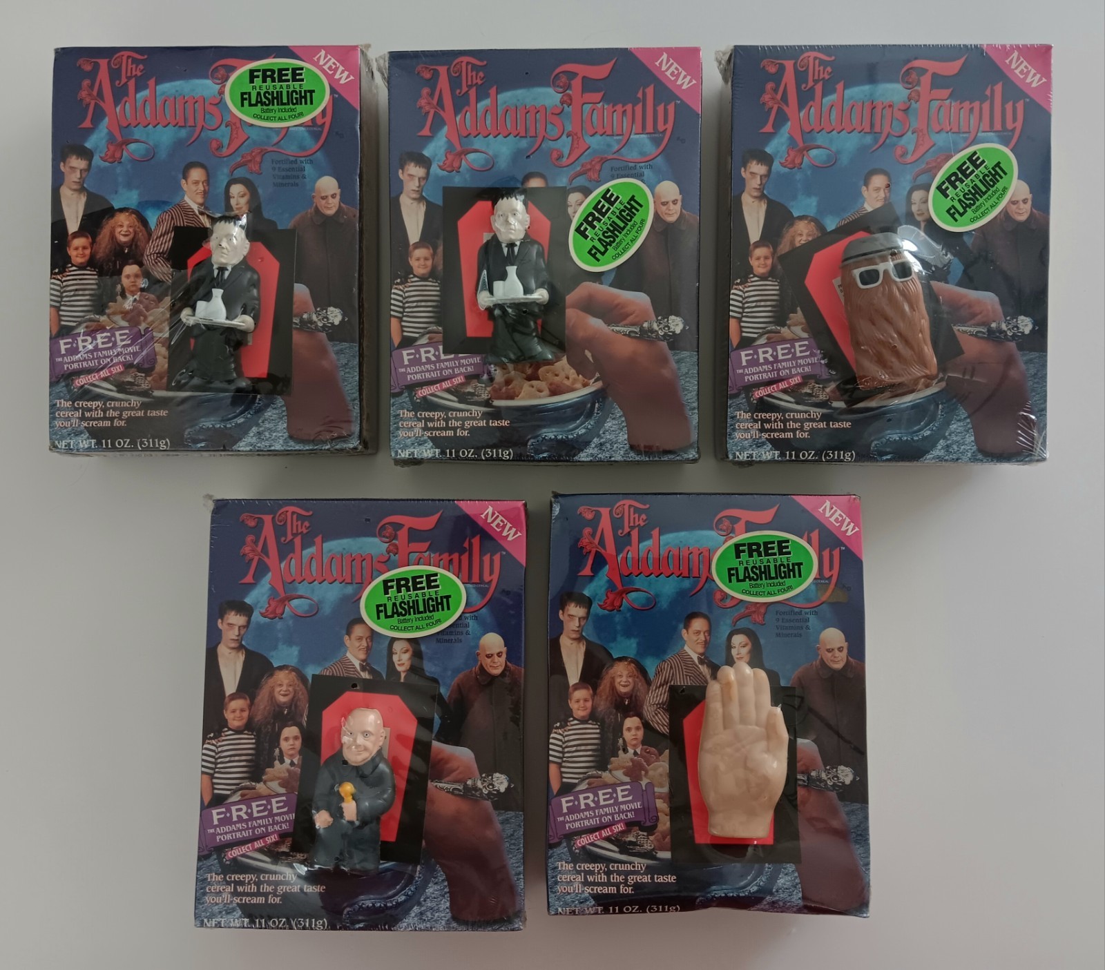 The Addams Family New Cereal w/ Flashlights Factory Sealed Complete Set of 4 + 1