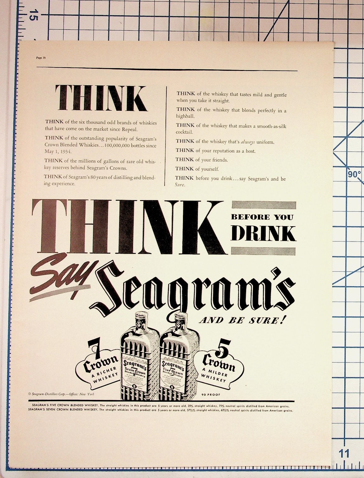 Vintage Seagram\'s Whiskey Ad 1930s Think Before You Drink Magazine Ephemera
