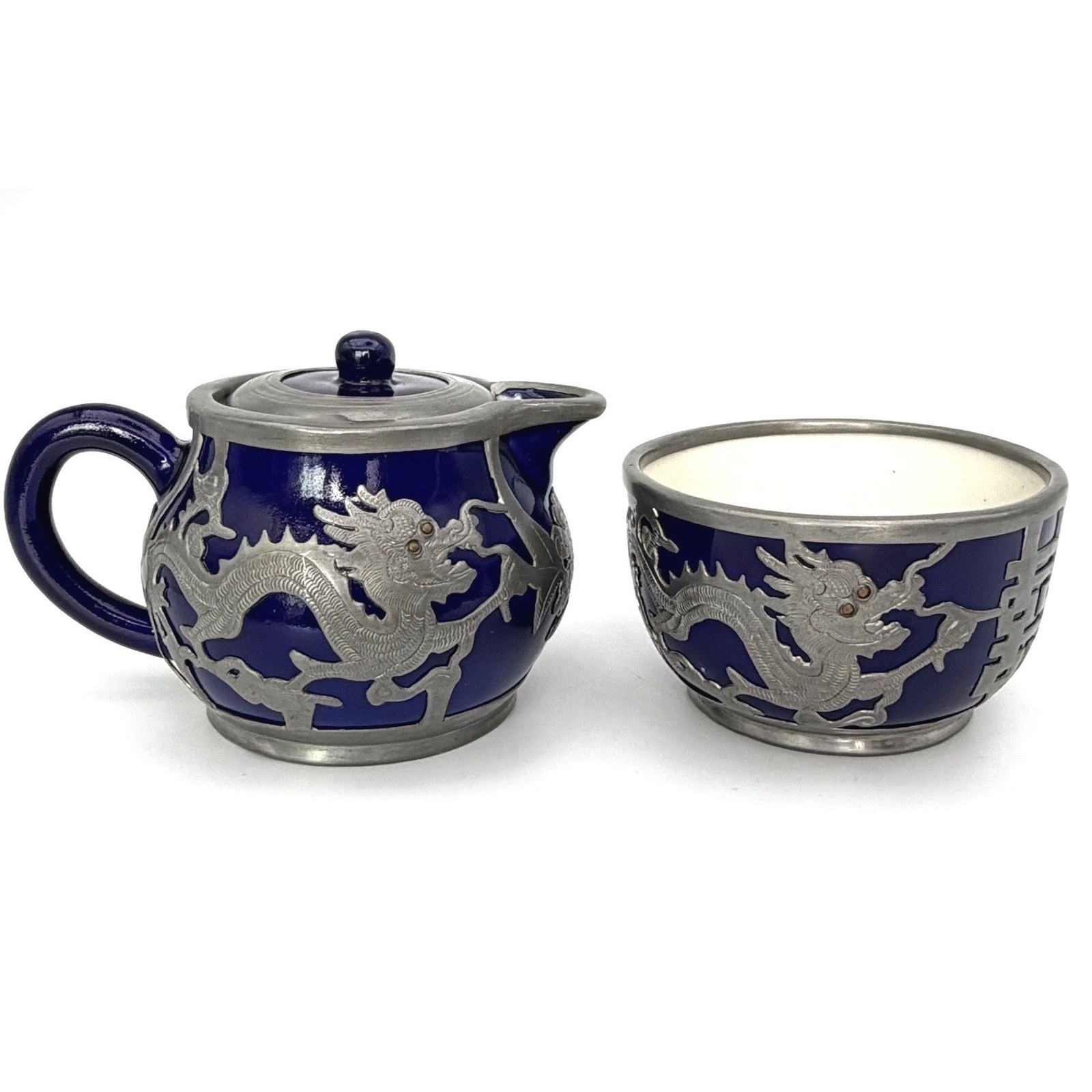 Antique Chinese Pewter Dragon Teapot Set, Cobalt Blue Hor Chung Weihaiwei 2 pc