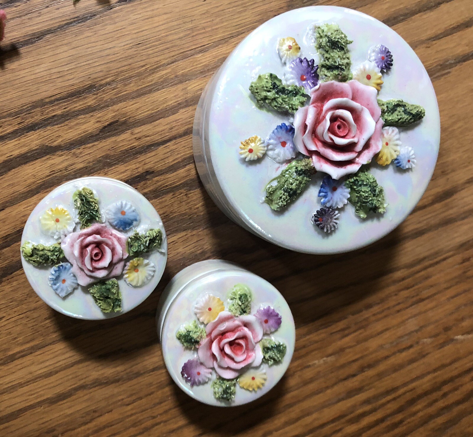 Lovely Vintage GERMANY 3 Piece Floral Dresser Vanity Boxes Jars