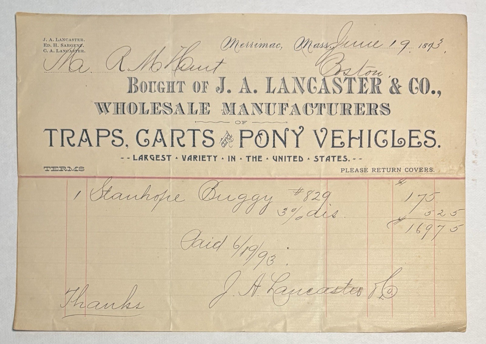 1893 J. A. LANCASTER & CO. BILLHEAD - STANHOPE BUGGY #829 - MERRIMAC, MASS