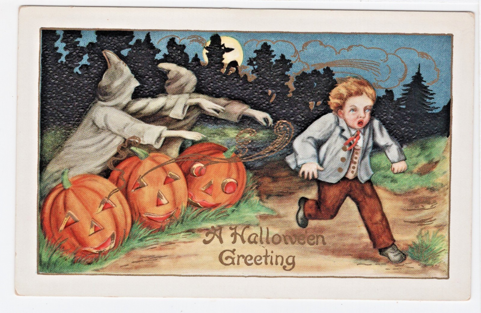 Whitney Halloween Vintage Postcard Scared Boy Runs Ghosts JOL Moon Gold Details